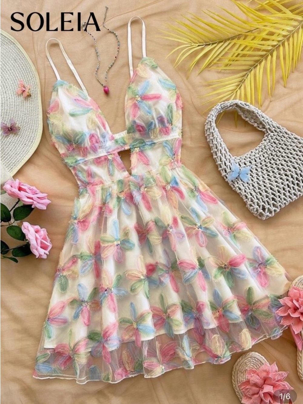 NEW SHEIN Pastel Multicolor Flower Mesh Mini Dress Size L